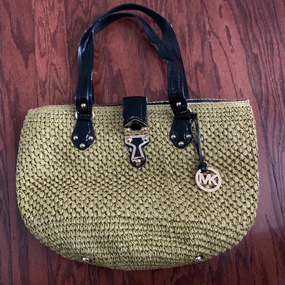 Michael Kors Straw Tote Handbag Brown Leather Trim